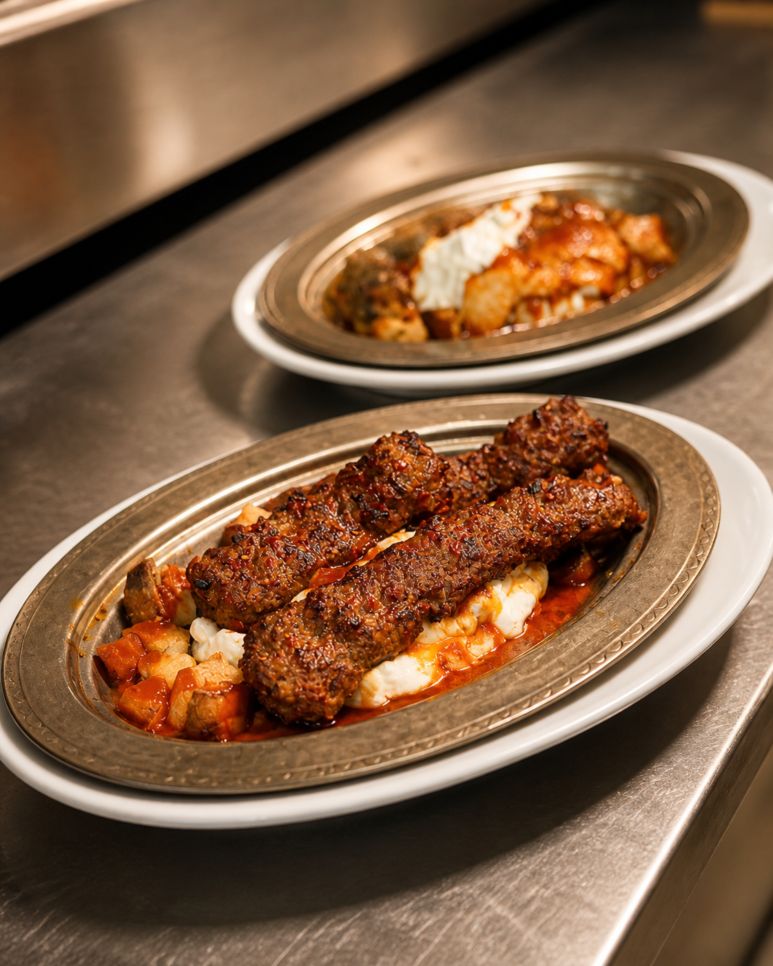 Adana Kebab — brochette d'agneau haché, sauce tomate, yaourt